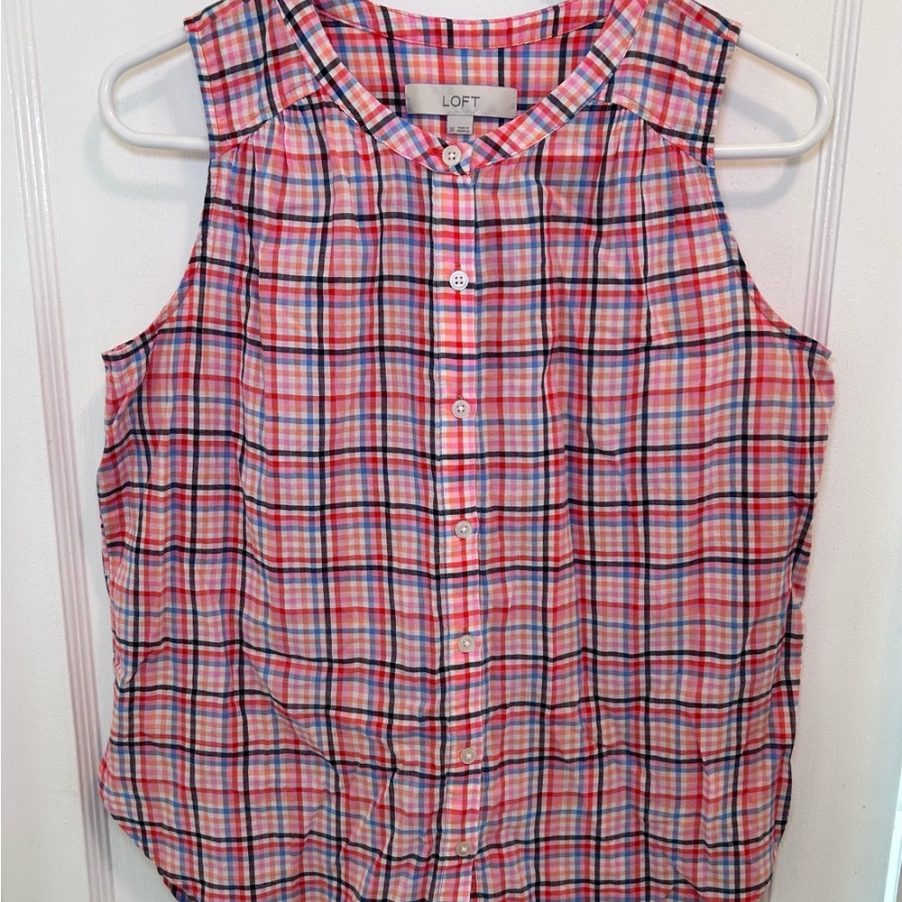 LOFT Orange Plaid Sleeveless Cotton Button Down Tank Top Womens XS
